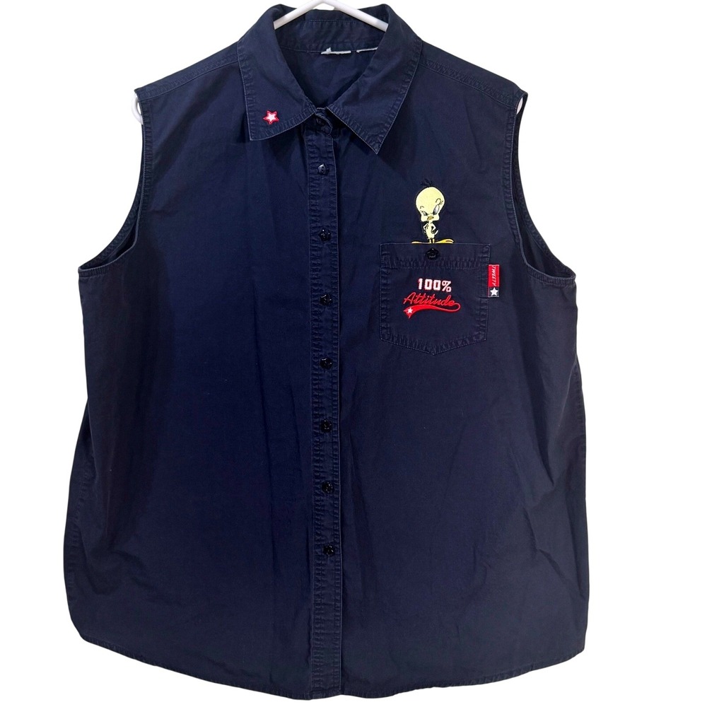 Looney Tunes Tweety Bird 100 % Attitude Sleeveless Button Up Shirt‎ Vintage 14W
